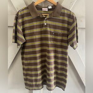 Vintage Original Penguin Men's Polo Shirt with Brown and Yellow Stripes